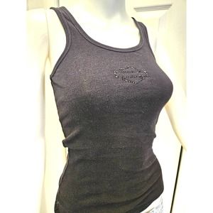 SOLD Y2K Harley Davidson Ribbed Tank with Black Rhinestone Logo Sz XS